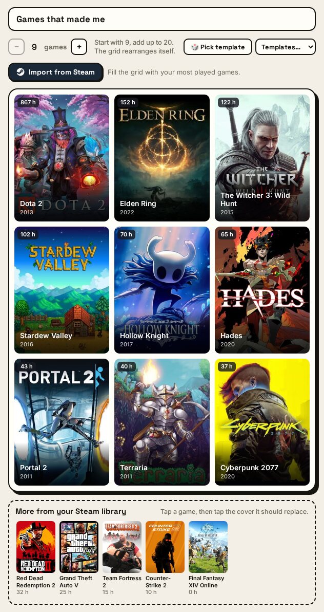 The grid maker after a Steam import: nine covers sorted by hours played, from Dota 2 at 867 hours to Cyberpunk 2077 at 37, and under the grid More from your Steam library with Red Dead Redemption 2, GTA V, Team Fortress 2, Counter-Strike 2 and Final Fantasy XIV