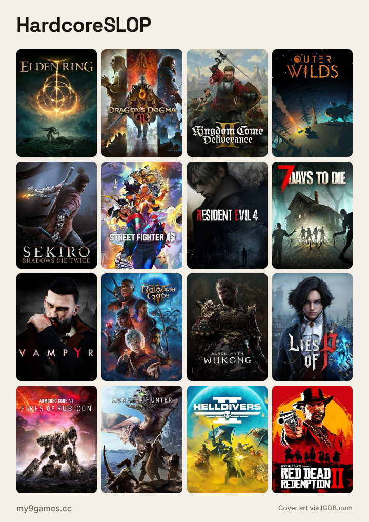 HardcoreSLOP meme grid: Elden Ring, Dragon's Dogma II, Kingdom Come: Deliverance II, Outer Wilds, Sekiro: Shadows Die Twice, Street Fighter 6 and more