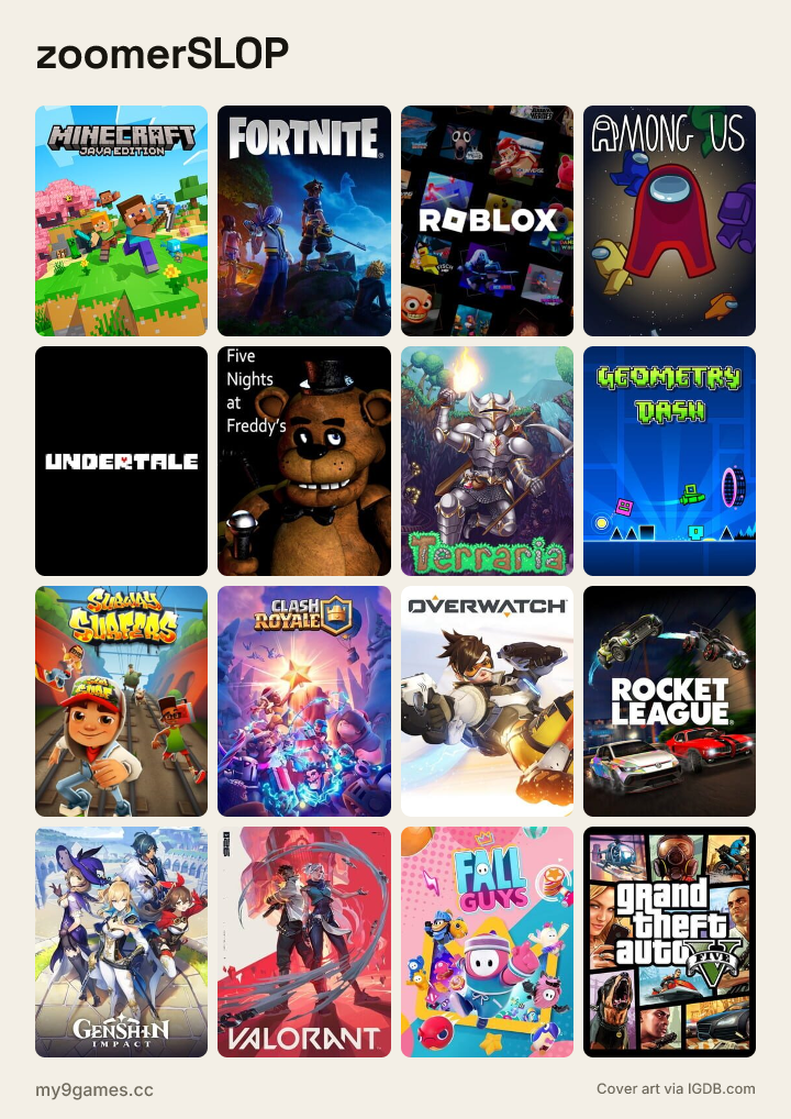 zoomerSLOP meme grid: Minecraft: Java Edition, Fortnite, Roblox, Among Us, Undertale, Five Nights at Freddy's and more