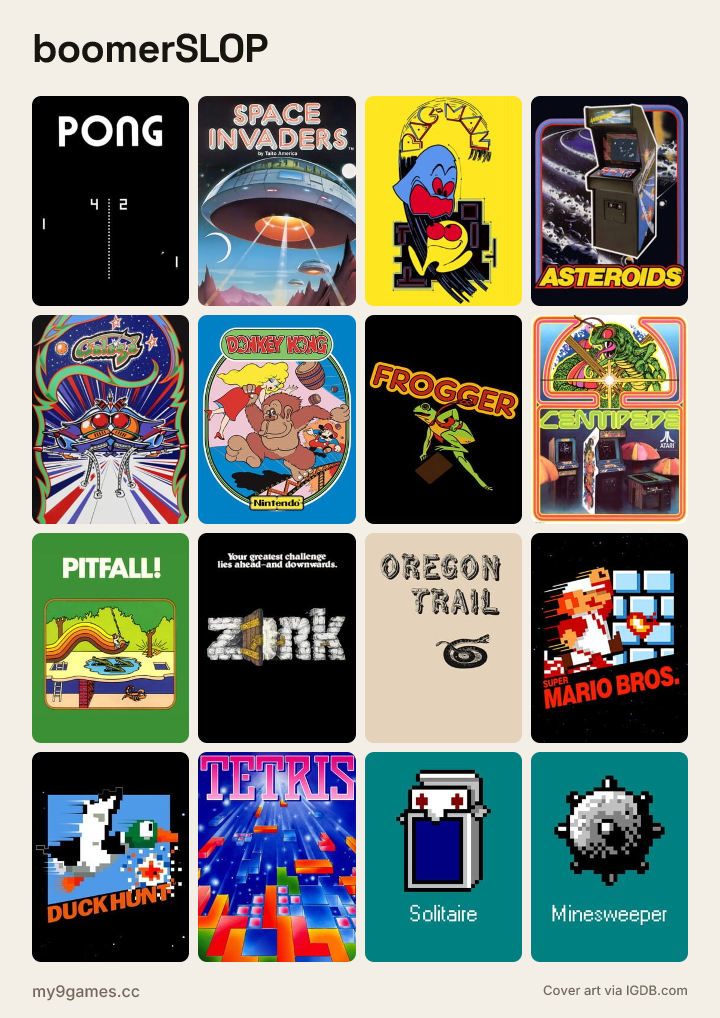 boomerSLOP meme grid: Pong, Space Invaders, Pac-Man, Asteroids, Galaga, Donkey Kong and more