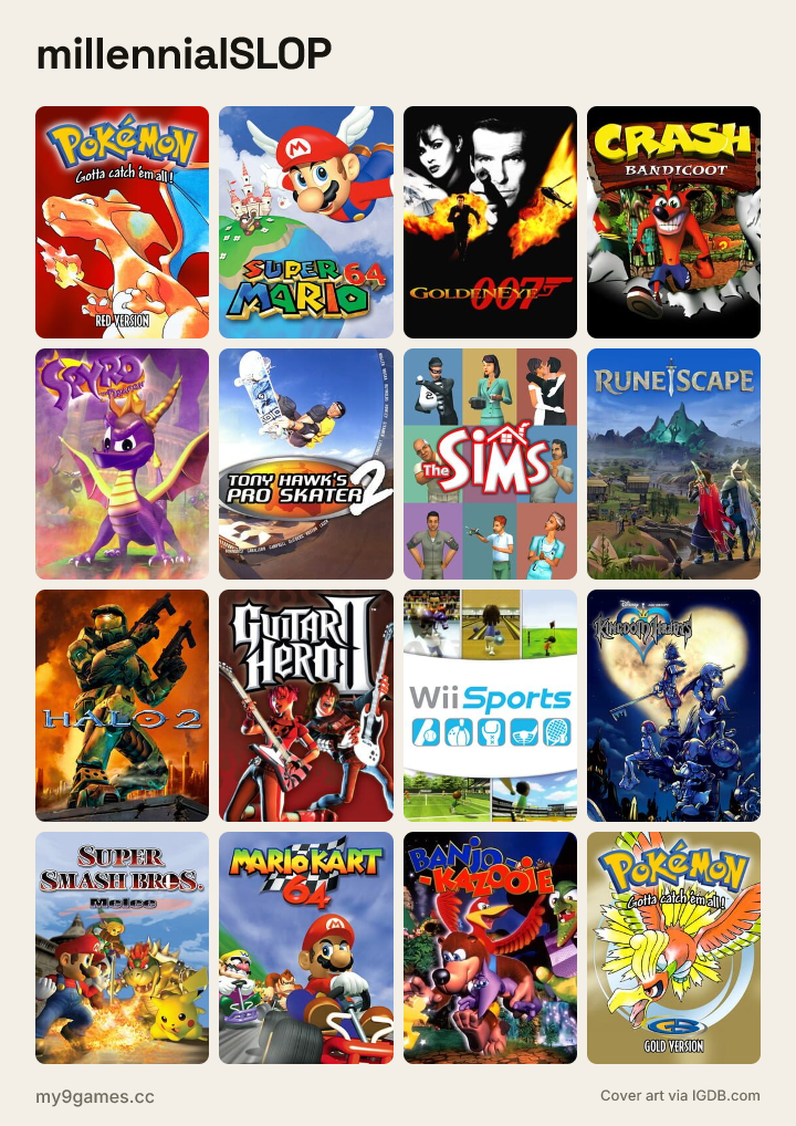 millennialSLOP meme grid: Pokémon Red Version, Super Mario 64, GoldenEye 007, Crash Bandicoot, Spyro the Dragon, Tony Hawk's Pro Skater 2 and more