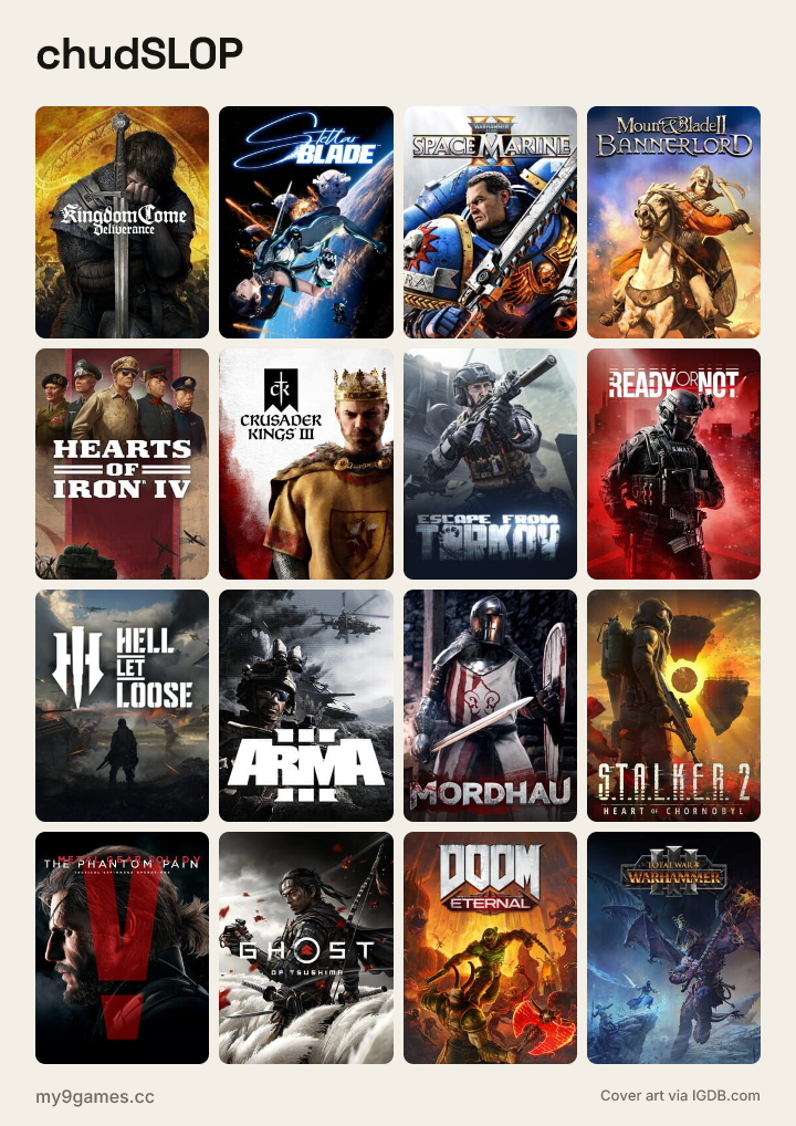 chudSLOP meme grid: Kingdom Come: Deliverance, Stellar Blade, Warhammer 40,000: Space Marine II, Mount & Blade II: Bannerlord, Hearts of Iron IV, Crusader Kings III and more